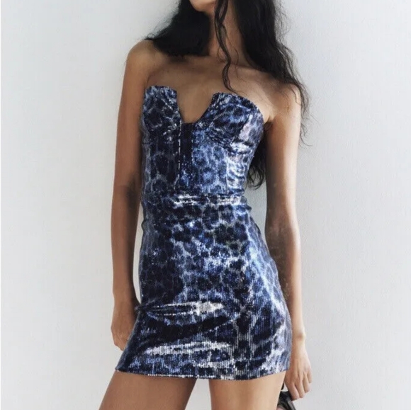 NWT Zara Blue Leopard Sequin Dress - Picture 1 of 10